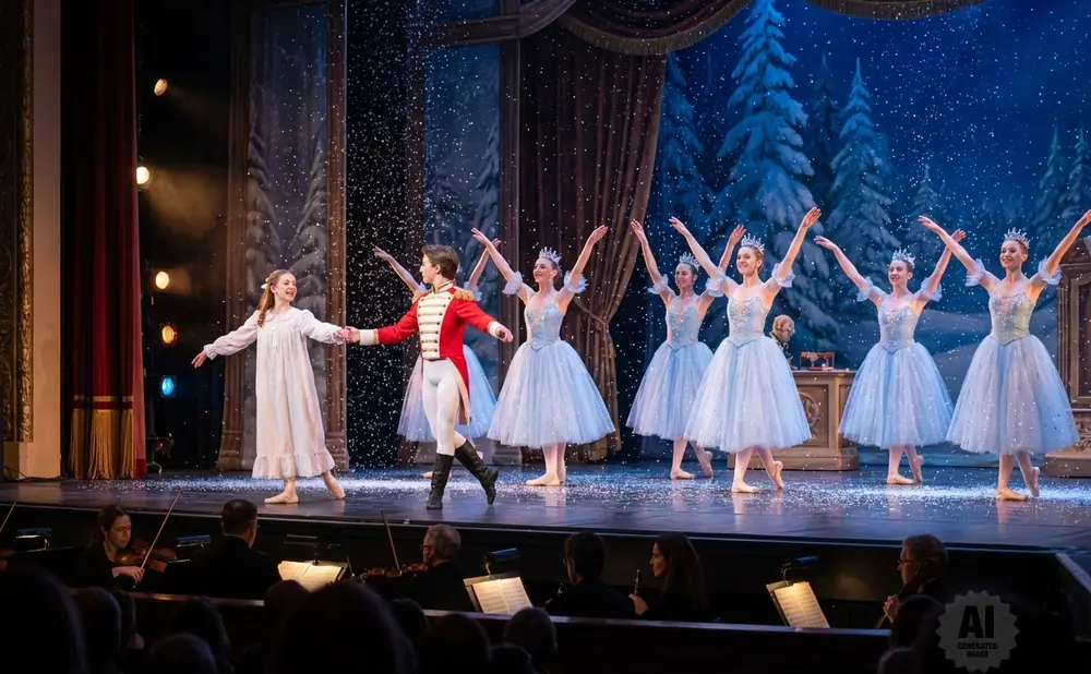 Ballet dancers in a snowy scene, with ballerinas in light blue tutus and a boy in a red jacket and white pants.
