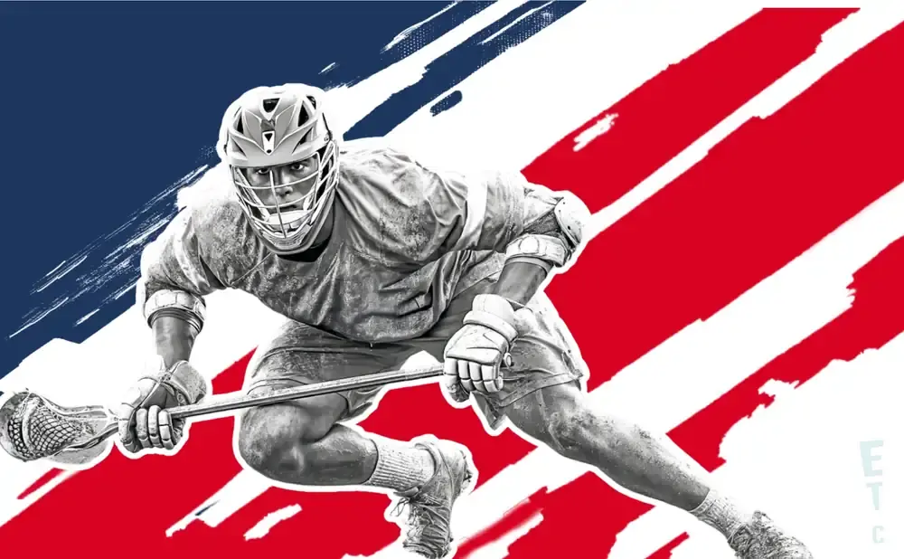 A lacrosse player in mid-action, with a US flag-inspired background.