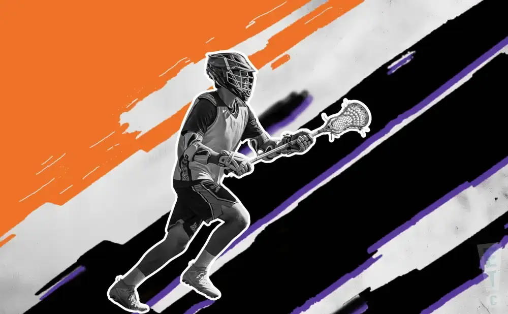 A lacrosse player in mid-stride, holding a stick against a dynamic background of orange and black stripes.