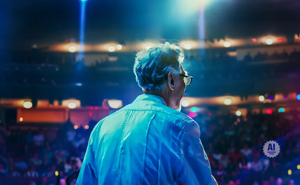 An older man with gray hair and glasses stands on a stage, facing away from the camera, with bright lights and a blurry audience behind him.
