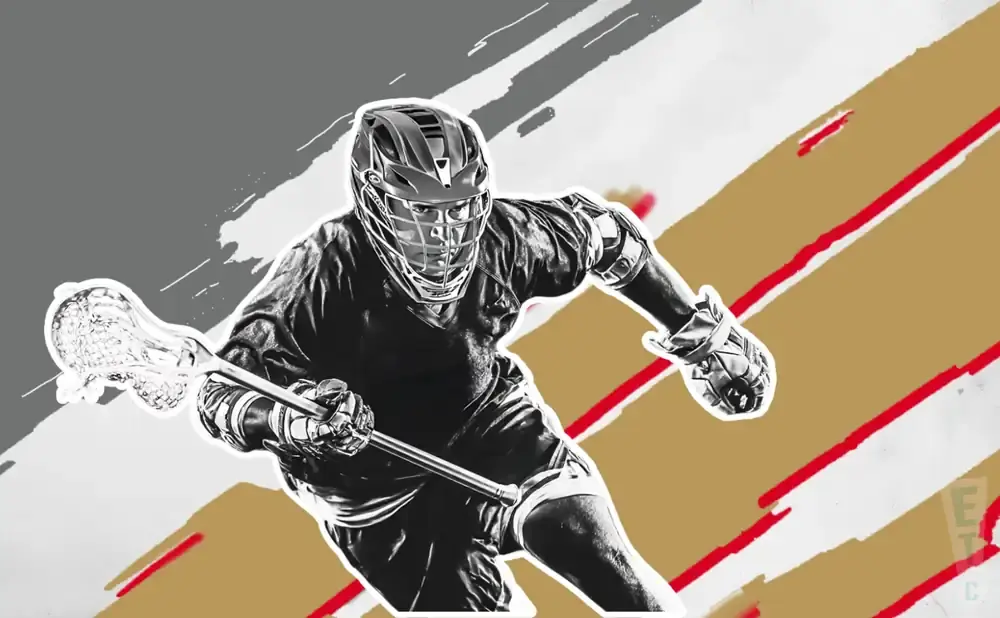 A black and white illustration of a lacrosse player in action against a gold and gray background with red stripes.