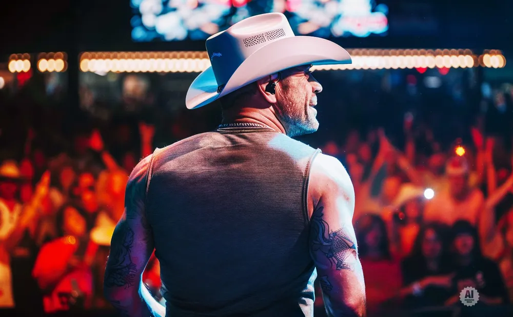 Man in a cowboy hat and tank top performs on stage with a crowd in the background.