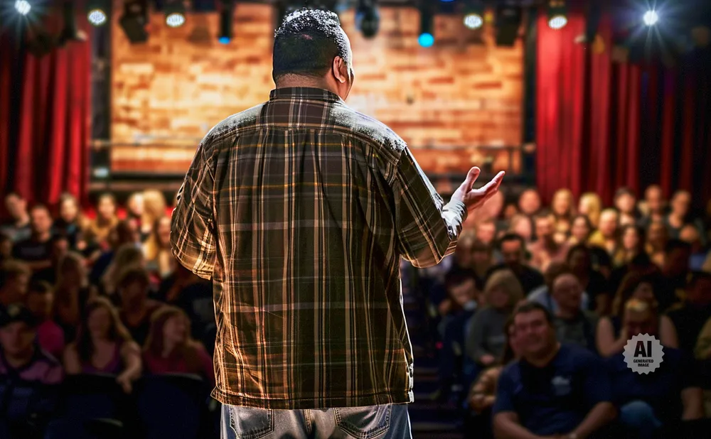A man in a plaid shirt speaks to a blurred audience on stage, lit by stage lights.