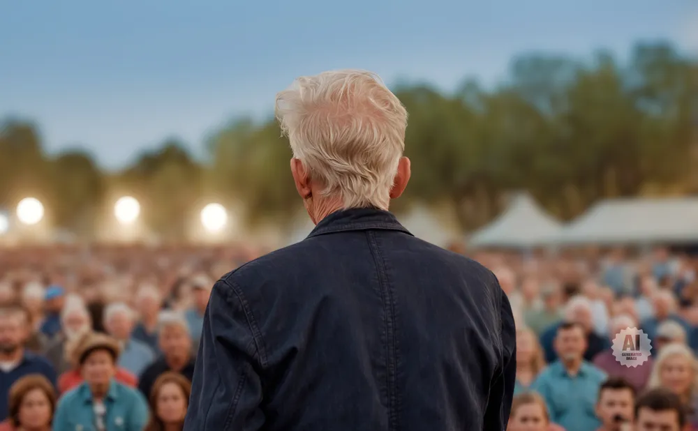 Back of an older man with white hair speaking to a large, blurred crowd outdoors.