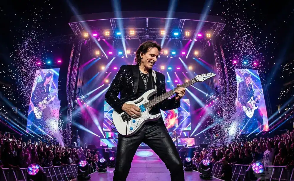 Musician on stage with guitar, facing a cheering crowd under purple and pink lights.