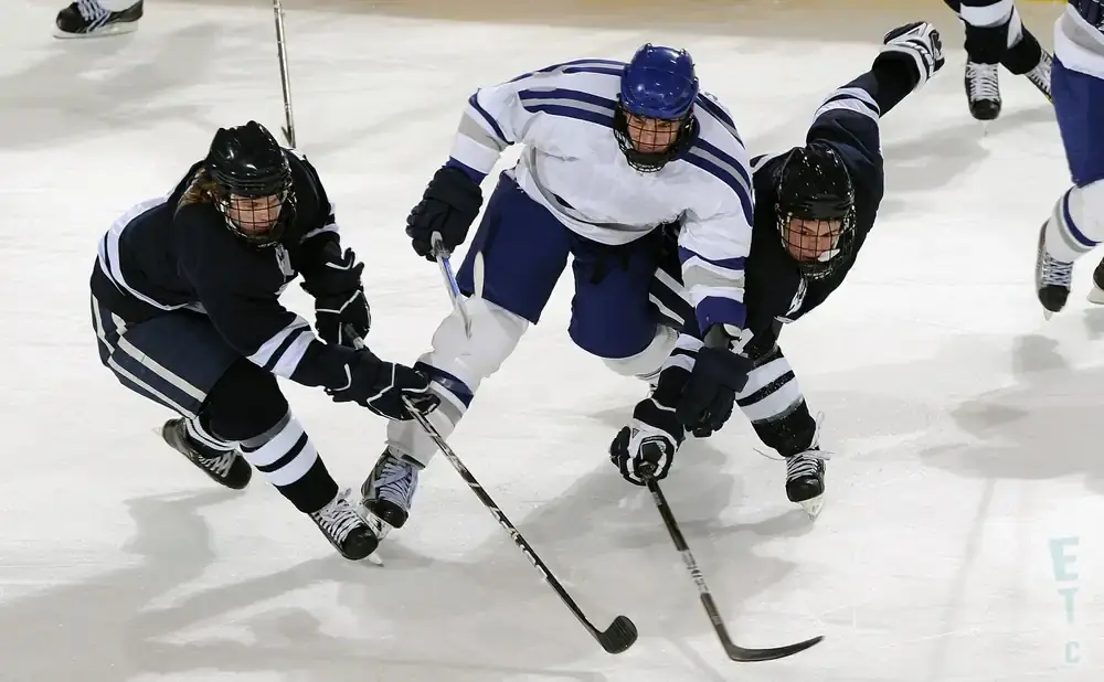 Ice hockey players in blue and white uniforms battle for the puck on the ice.