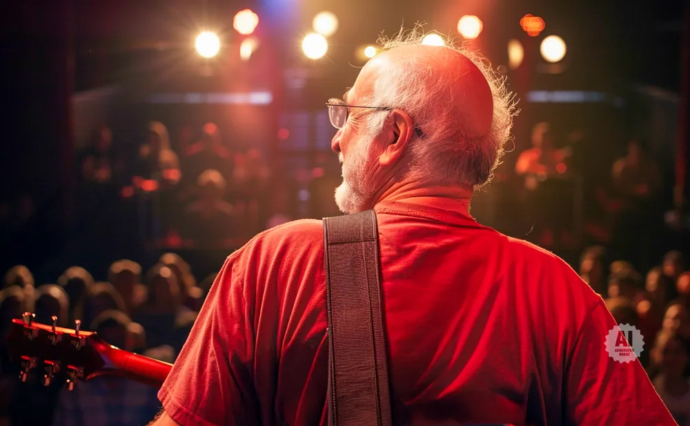 An older man with glasses and a beard plays guitar on stage, facing away from the camera.