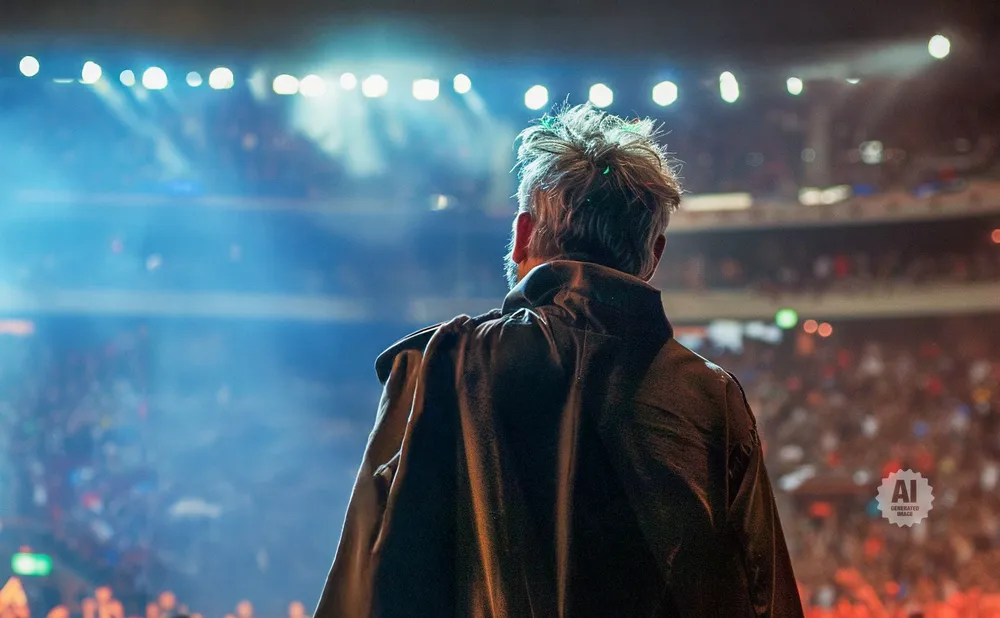 Man with messy hair wearing a dark cloak, facing away from the camera, looks out at a large, dimly lit crowd.