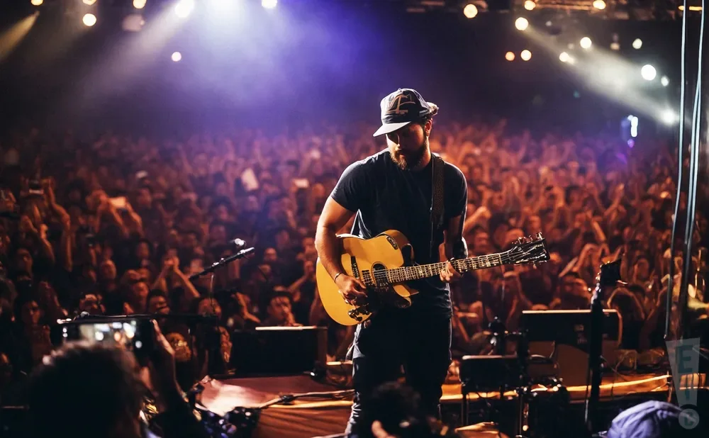 A male guitarist plays on stage in front of a large, cheering crowd.
