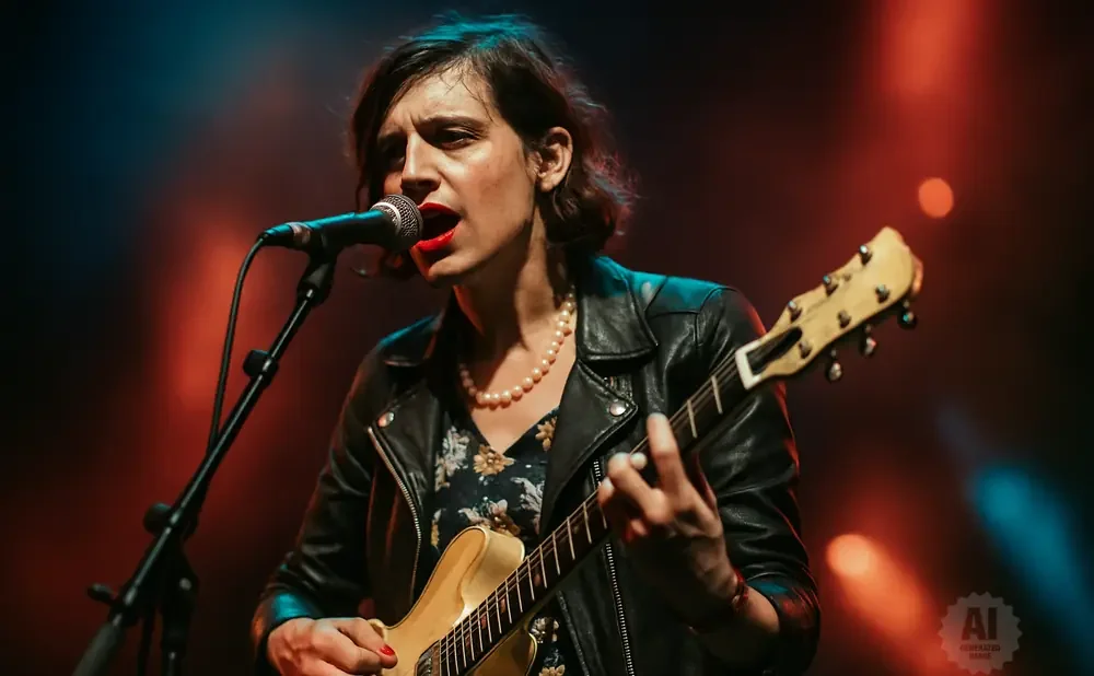 Singer with red lipstick and pearl necklace plays guitar onstage under red and blue lights.