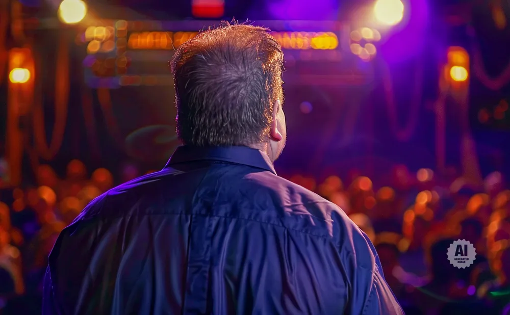 Man in a blue shirt facing away from camera at a concert with blurred lights and audience.