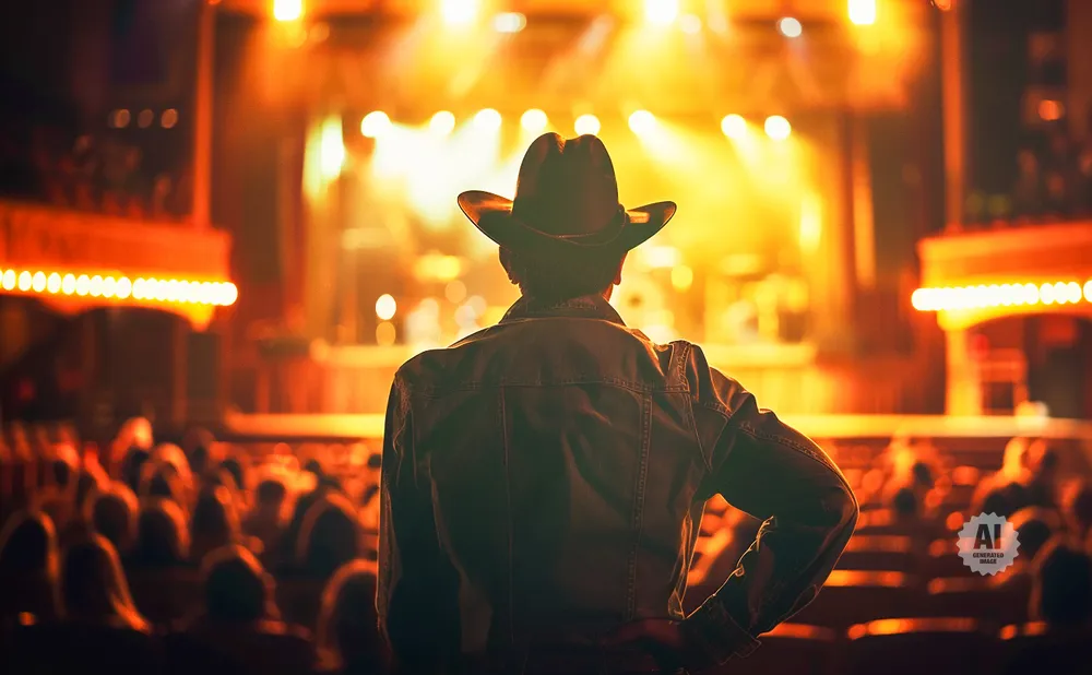 A cowboy in a denim jacket watches a brightly lit stage from an audience.
