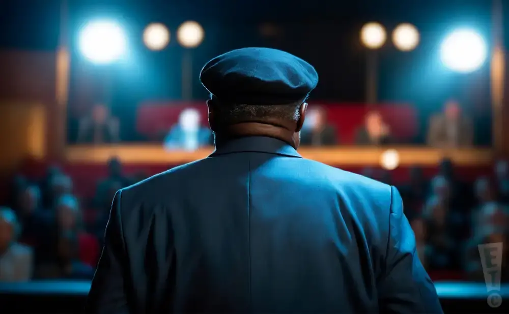 A man in a suit and beret faces away from the camera, addressing an audience under bright stage lights.