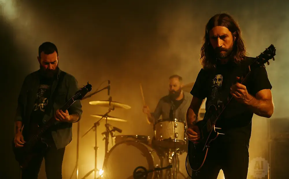 A band of three men performing music on stage with smoky lighting.