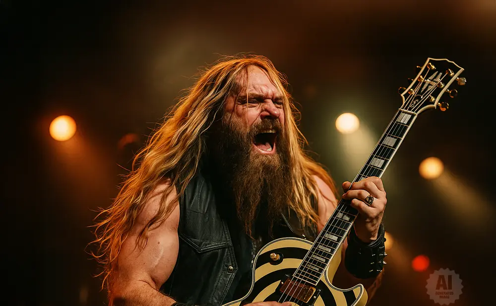 A heavy metal guitarist with long blonde hair and a beard, passionately plays a black and yellow striped guitar on stage.