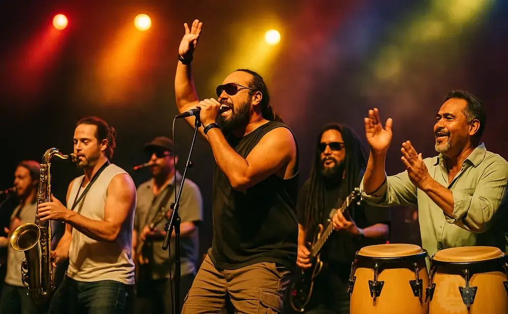 A band performs on stage with a singer, saxophonist, guitarist, and conga players under colorful stage lights.