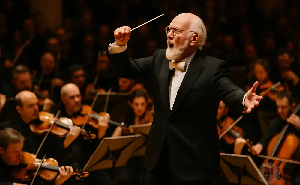 A conductor leads an orchestra, baton raised, with musicians playing violins in the background.