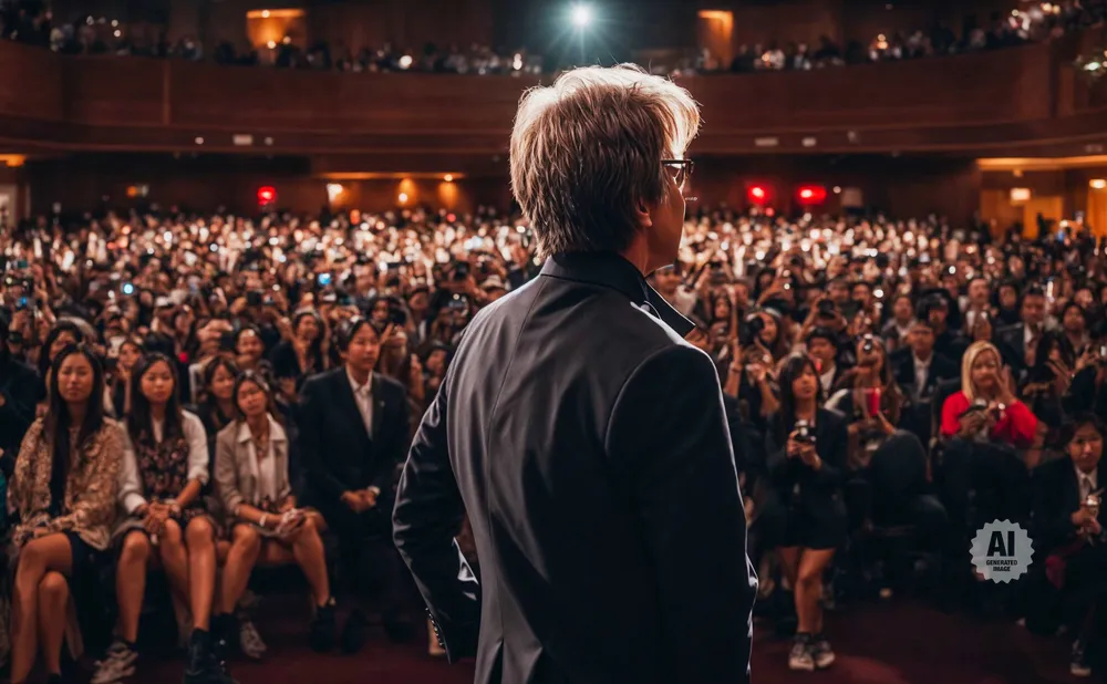Man in a suit on stage facing a cheering, camera-wielding crowd in a theater.