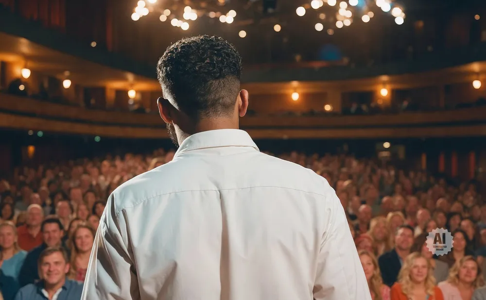 Man in a white shirt on stage facing a large, seated audience in a theater.