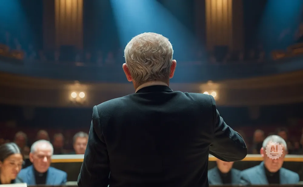 Man in a black suit with white hair speaking to an audience in a theater.