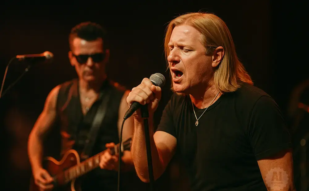 A man with long blonde hair sings into a microphone, with a guitarist in sunglasses in the background.