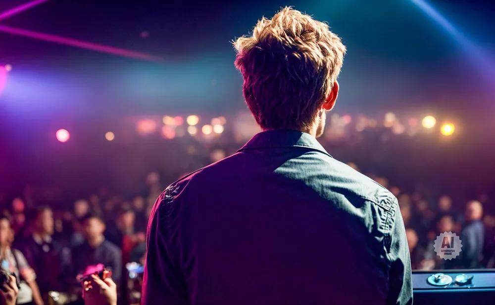 Back view of a man with light brown hair on a stage, facing a crowd at a concert with purple and blue stage lights.