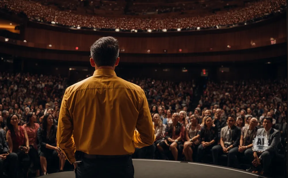 Man in yellow shirt on stage addresses a large audience in a theater.
