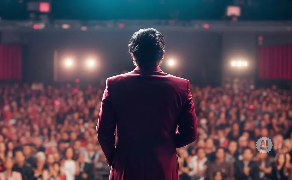 Man in a maroon suit on a stage addresses a large, blurred audience under bright lights.