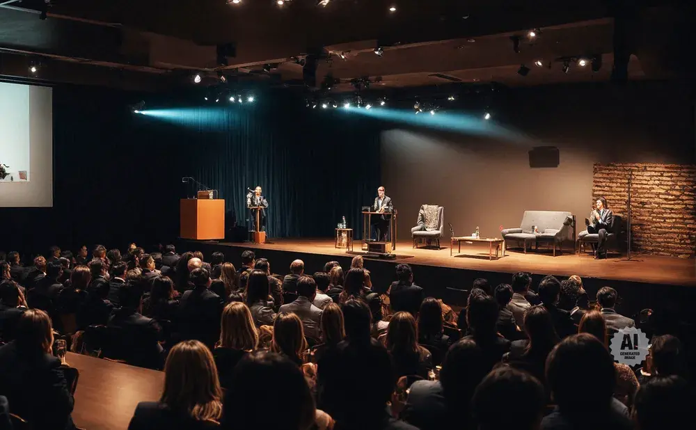 Audience watching a panel discussion on a stage with speakers at podiums, seated, and a sofa.