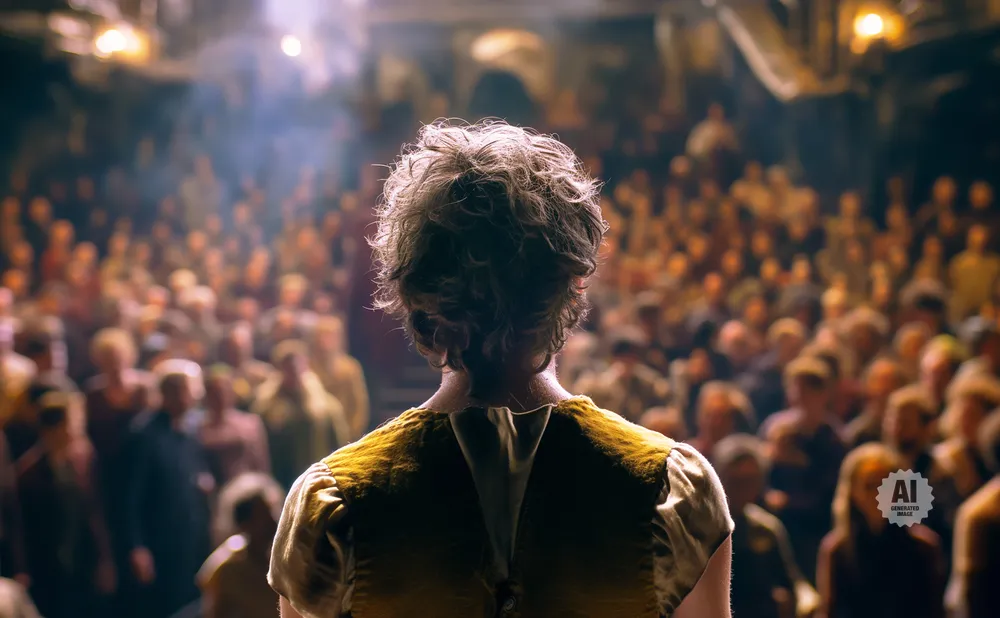 Back view of a person with curly hair facing a large, blurred audience in a dimly lit venue.