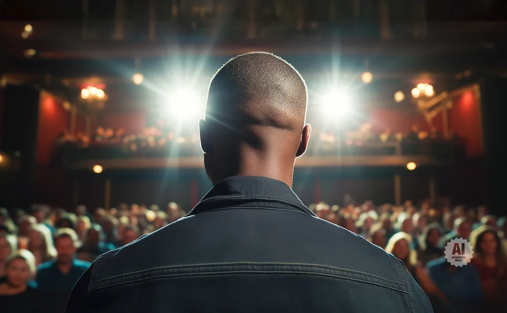 Man in dark jacket facing a bright stage, with an audience visible in the blurred background.