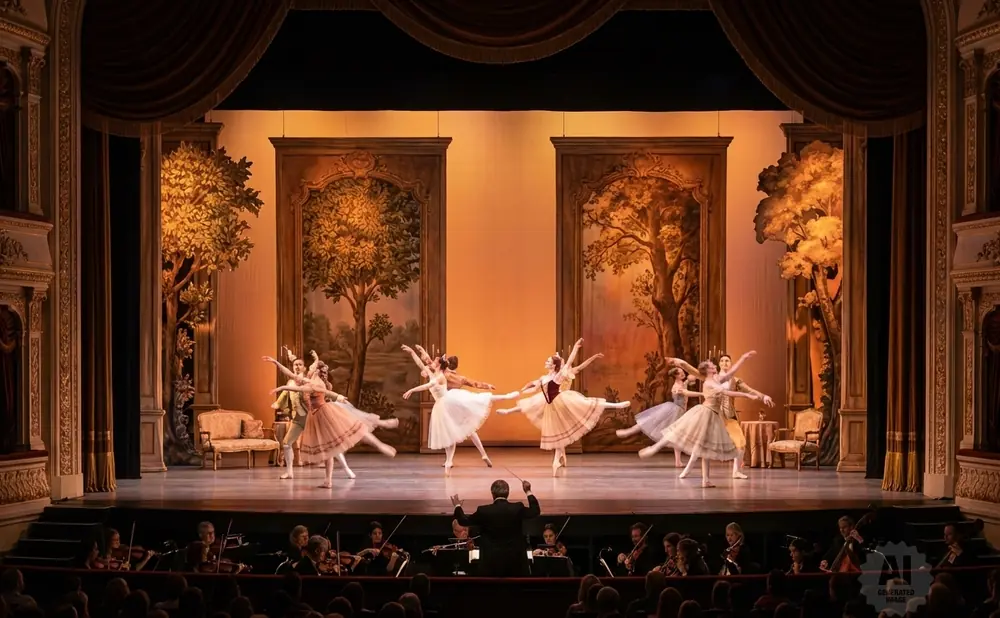Ballet dancers perform on stage with an orchestra and audience in the foreground.