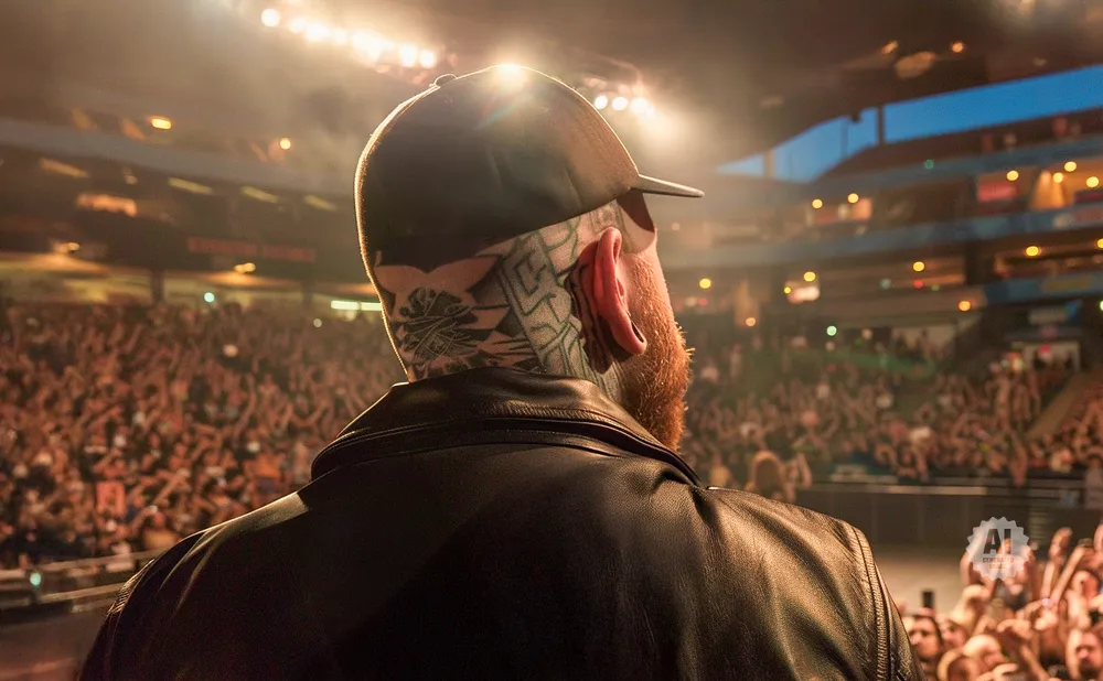 Man with tattoos on his neck and head wearing a black leather jacket and baseball cap on stage, facing a cheering crowd.