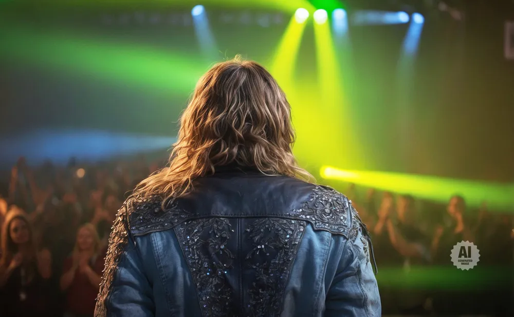 Back view of a person with long blonde hair in a sequined denim jacket, facing a cheering crowd under green and blue stage lights.