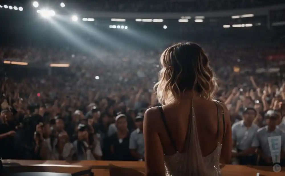 A woman in a sequined dress faces a large, cheering crowd in a concert venue.