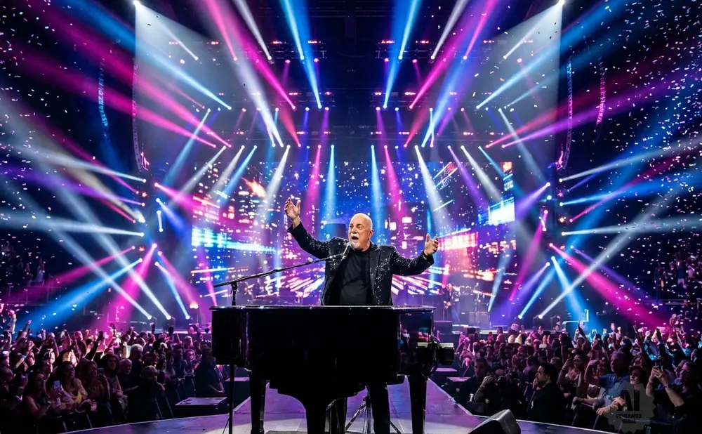 Billy Joel performs at a concert with vibrant lights and falling confetti as a large audience cheers him on.