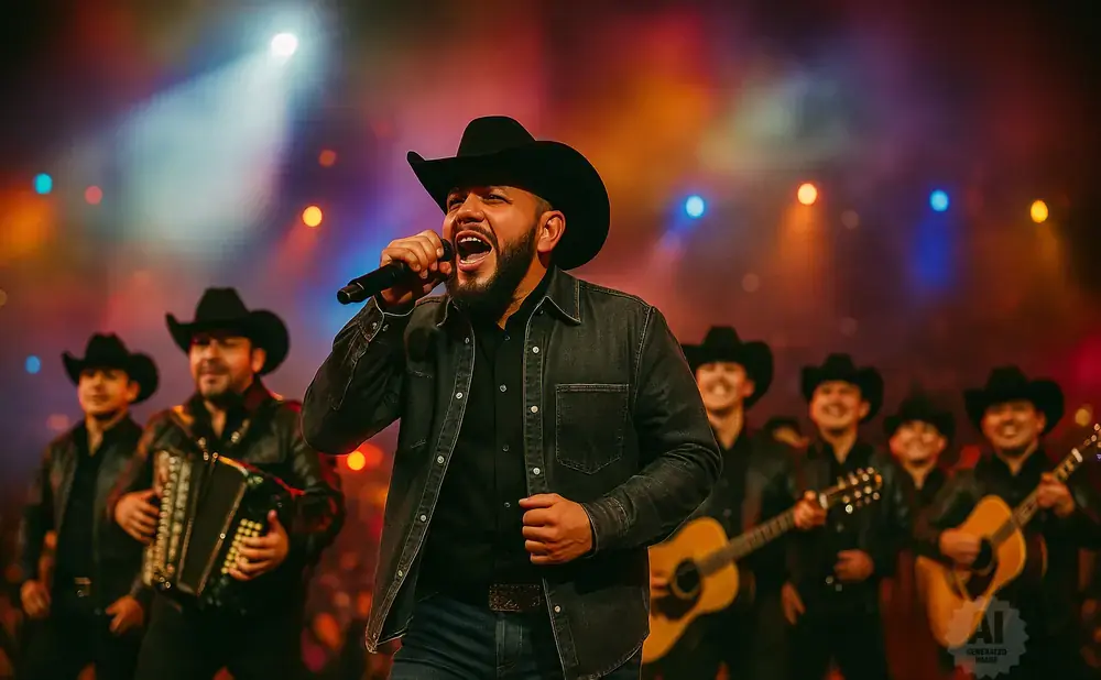 A singer in a cowboy hat performs on stage with a band.