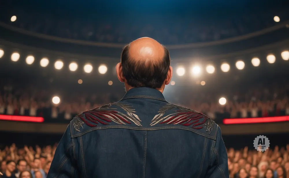 Man facing away from camera on stage with audience in background, wearing denim jacket with embroidered detail.