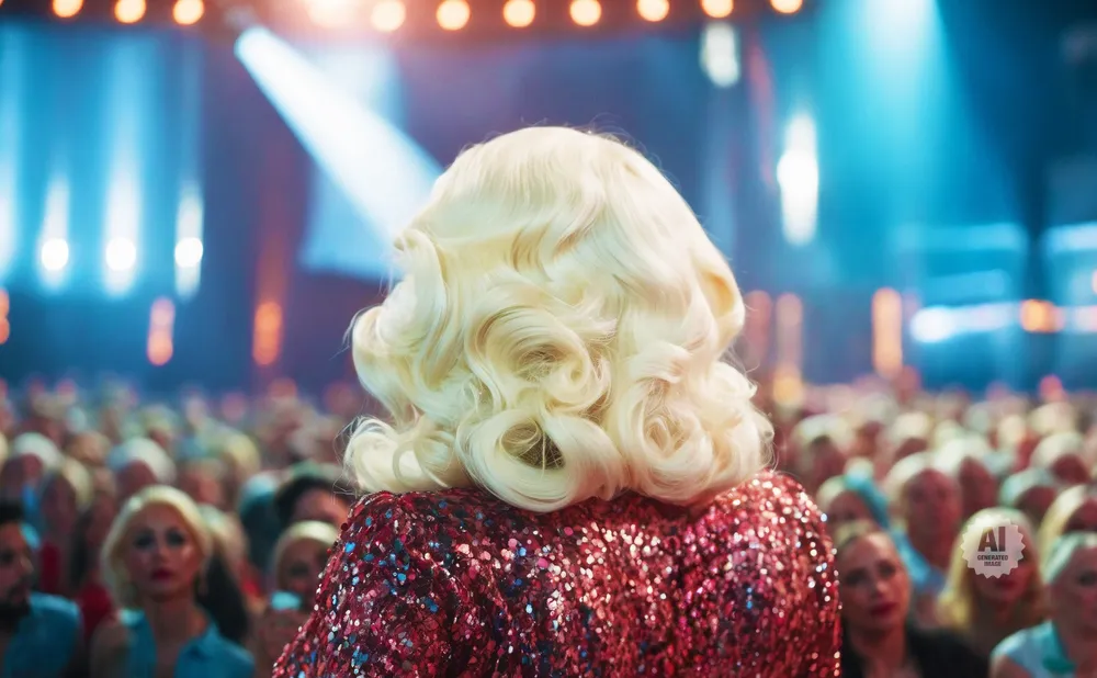 A blonde drag queen in a sequined red top performs on stage for a cheering audience.