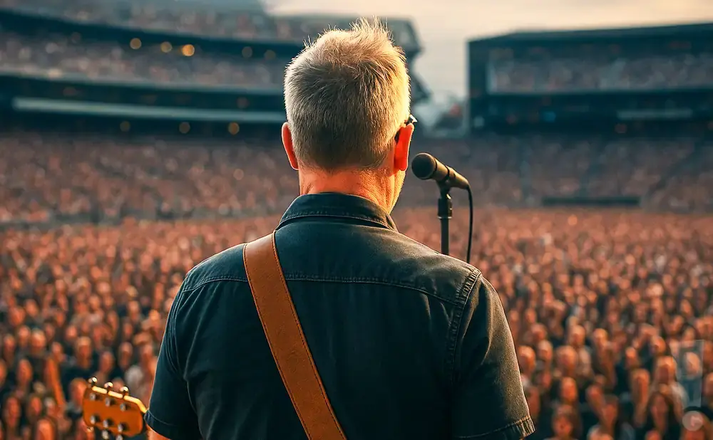 Man with guitar on stage faces huge crowd and microphone at concert.