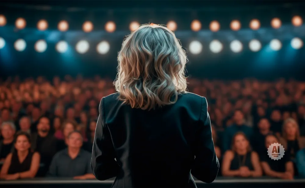A woman stands with her back to the camera, facing a large audience in a theatre.
