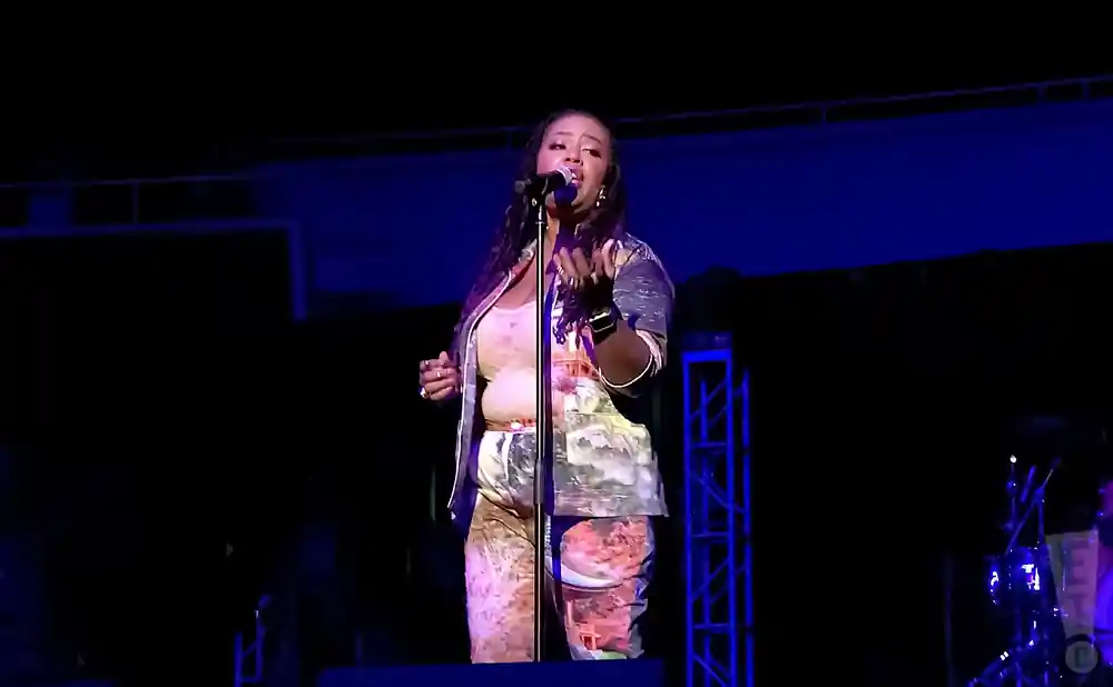 Singer performs on stage in a colorful patterned outfit, holding a microphone.
