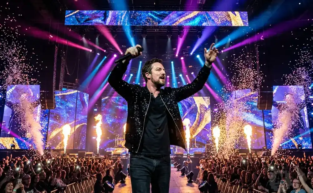 A male singer in a sparkly jacket performs on stage with confetti and lights, facing a cheering crowd.
