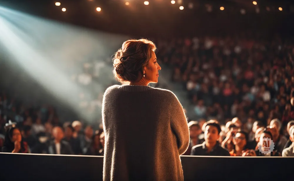 Woman on stage in a spotlight, facing a large audience.