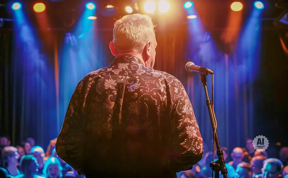 A man in a patterned shirt stands at a microphone on stage, facing away from the camera, with a blurry audience in the background.