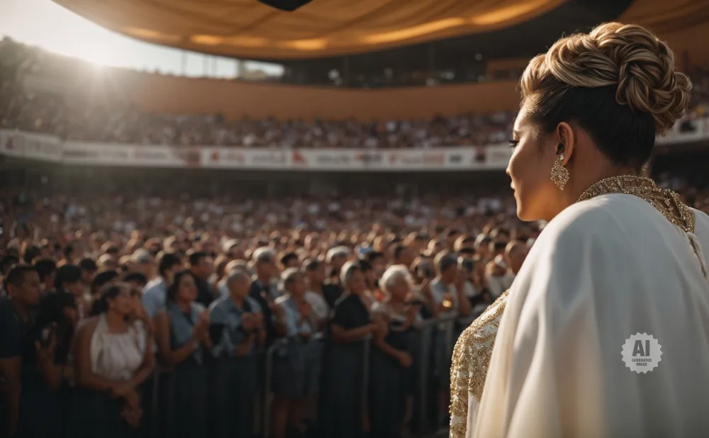 A woman in a white and gold outfit with her hair in a bun stands facing a large, blurred crowd at an outdoor event.