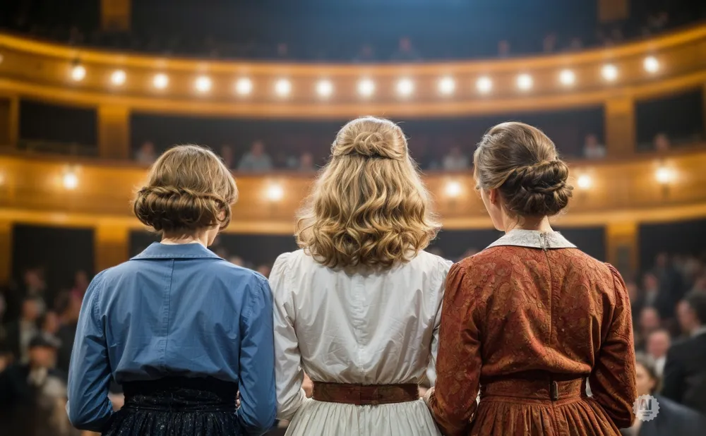 Three women with their backs to the camera stand on a stage in front of an audience in a grand, ornate theater.