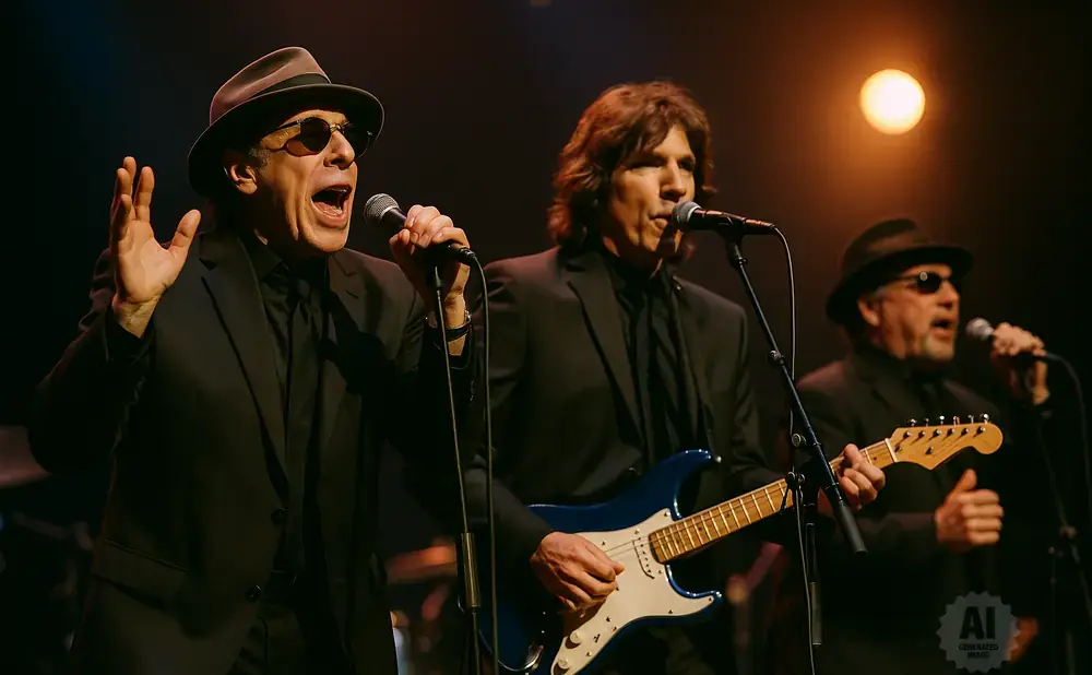 Band members in black suits and hats sing and play guitars on a dimly lit stage.