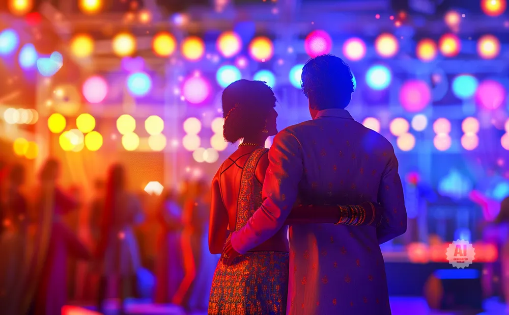 A couple dances at a colorful, bokeh-lit event.