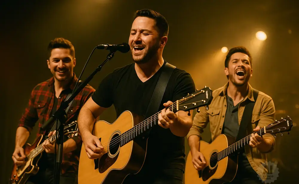 Three men play guitars and sing on a stage, lit by warm spotlights.